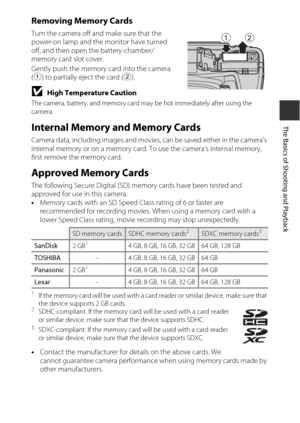 Page 3921
The Basics of Shooting and Playback
Removing Memory Cards
Turn the camera off and make sure that the 
power-on lamp and the monitor have turned 
off, and then open the battery-chamber/
memory card slot cover.
Gently push the memory card into the camera 
(1 ) to partially eject the card ( 2).
BHigh Temperature Caution
The camera, battery, and memory card ma y be hot immediately after using the 
camera.
Internal Memory and Memory Cards
Camera data, including images and movies, can be saved either in the...