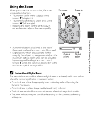 Page 4729
The Basics of Shooting and Playback
Using the Zoom
When you move the zoom control, the zoom 
lens position changes.
•To zoom in closer to the subject: Move 
toward  g (telephoto)
• To zoom out and view a larger area: Move 
toward  f (wide-angle)
• Rotating the zoom control all the way in 
either direction adjusts the zoom quickly.
• A zoom indicator is displayed at the top of 
the monitor when the zoom control is moved.
• Digital zoom, which al lows you to further 
magnify the subject up to...