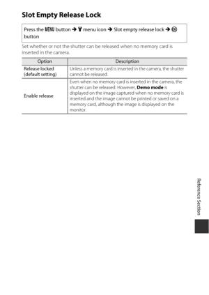 Page 183E99
Reference Section
Slot Empty Release Lock
Set whether or not the shutter can be released when no memory card is 
inserted in the camera.Press the 
d button  M z menu icon  M Slot empty release lock  M k  
button
OptionDescription
Release locked
(default setting) Unless a memory card is insert
ed in the camera, the shutter 
cannot be released.
Enable release Even when no memory card is inserted in the camera, the 
shutter can be released. However, 
Demo mode is 
displayed on the image captured when no...