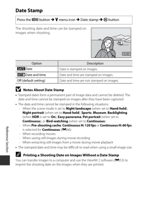 Page 186E102
Reference Section
Date Stamp
The shooting date and time can be stamped on 
images when shooting. 
BNotes About Date Stamp
•Stamped dates form a perman ent part of image data and cannot be deleted. The 
date and time cannot be stamped on images after they have been captured.
• The date and time cannot be stamped in the following situations:
- When the scene mode is set to  Night landscape (when set to Hand-held), 
Night portrait  (when set to Hand-held ), Sports , Museum , Backlighting  
(when  HDR...