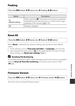 Page 193E109
Reference Section
Peaking
Reset All
When  Reset is selected, the camera’s settings are restored to their default 
values.
• Some settings, such as  Time zone and date or Language, are not reset.
• User settings that were saved in  M of the mode dial are not reset. To reset 
these settings, use  Reset user settings  (A 35).
CResetting File Numbering
To reset file numbering to “0001”, delete al l images saved on the memory card before 
selecting  Reset all. Reset file numbering  can also be used to...