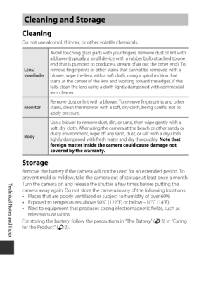 Page 210F6
Technical Notes and Index
Cleaning
Do not use alcohol, thinner, or other volatile chemicals.
Storage
Remove the battery if the camera will not be used for an extended period. To 
prevent mold or mildew, take the camera out of storage at least once a month.
Turn the camera on and release the shutter a few times before putting the 
camera away again. Do not store the camera in any of the following locations:
•Places that are poorly ventilated or  subject to humidity of over 60%
• Exposed to temperatures...