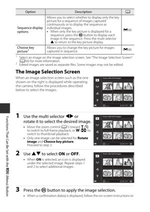 Page 7856
Functions That Can Be Set with the d (Menu) Button
1Select an image on the image selection screen. See “The Image Selection Screen” 
(A 56) for more information.
2Edited images are saved as separate files. Some images may not be edited.
The Image Selection Screen
When an image selection screen such as the one 
shown on the right is displayed while operating 
the camera, follow the procedures described 
below to select the images.
1Use the multi selector  JK or 
rotate it to select the desired image.
•...