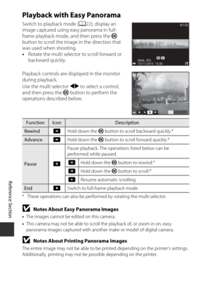 Page 96E12
Reference Section
Playback with Easy Panorama
Switch to playback mode ( A22), display an 
image captured using easy panorama in full-
frame playback mode, and then press the  k 
button to scroll the image in the direction that 
was used when shooting.
• Rotate the multi selector to scroll forward or 
backward quickly.
Playback controls are di splayed in the monitor 
during playback. 
Use the multi selector  JK to select a control, 
and then press the  k button to perform the 
operations described...