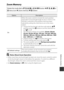 Page 163E79
Reference Section
Zoom Memory
BNotes About Zoom Operation
•When more than one focal length has been set, move the zoom control to switch 
to the focal length closest to that before  the operation. To switch to a different 
focal length, release the zoom co ntrol and then move it again.
• Set  Zoom memory  to Off  when using the digital zoom.
Rotate the mode dial to  j, k, l, m  or  M M  d  button  M j, k, l , m  or 
M  menu icon  M Zoom memory  M k  button
OptionDescription
On When the zoom control...