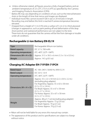 Page 141Technical Notes
119
•Unless otherwise stated, all figures as sume a fully-charged battery and an 
ambient temperature of 23 ±3°C (73.4  ±5.4°F) as specified by the Camera 
and Imaging Products  Association (CIPA).
1Battery life may vary depending on conditio ns of use, such as the interval between 
shots or the length of time that menus and images are displayed.
2Individual movie files cannot exceed 4 GB in size or 29 minutes in length. 
Recording may end before this limit is reached if camera...