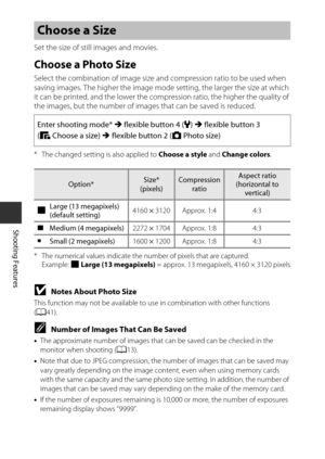 Page 5836
Shooting Features
Set the size of still images and movies.
Choose a Photo Size
Select the combination of image size and compression ratio to be used when 
saving images. The higher the image mode setting, the larger the size at which 
it can be printed, and the lower the compression ratio, the higher the quality of 
the images, but the number of images that can be saved is reduced.
* The changed setting is also applied to  Choose a style and Change colors .
* The numerical values indicate the number...