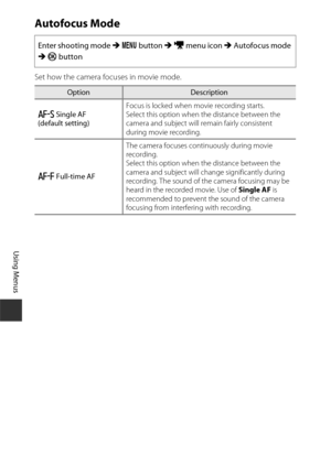 Page 10484
Using Menus
Autofocus Mode
Set how the camera focuses in movie mode.Enter shooting mode 
M d  button  M D  menu icon  M Autofocus mode 
M  k  button
OptionDescription
A  Single AF 
(default setting) Focus is locked when movie recording starts.
Select this option when 
the distance between the 
camera and subject will remain fairly consistent 
during movie recording.
B  Full-time AF The camera focuses continuously during movie 
recording.
Select this option when 
the distance between the 
camera and...