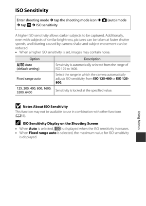 Page 11999
Using Menus
ISO Sensitivity
A higher ISO sensitivity allows darker subjects to be captured. Additionally, 
even with subjects of similar brightness, pictures can be taken at faster shutter 
speeds, and blurring caused by camera shake and subject movement can be 
reduced.
•When a higher ISO sensitivity is set, images may contain noise.
BNotes About ISO Sensitivity
This function may not be available to  use in combination with other functions 
( A 55).
CISO Sensitivity Display on the Shooting Screen
•...