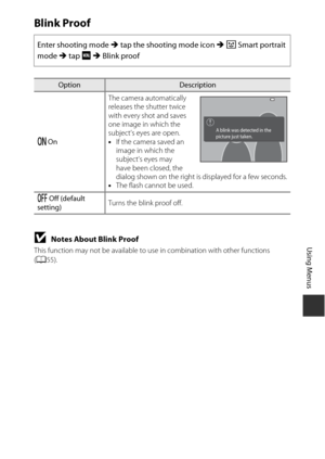 Page 127107
Using Menus
Blink Proof
BNotes About Blink Proof 
This function may not be available to use in combination with other functions 
( A 55).
Enter shooting mode M  tap the shooting mode icon M  F  Smart portrait 
mode  M tap  F M  Blink proof
OptionDescription
o  On The camera automatically 
releases the shutter twice 
with every shot and saves 
one image in which the 
subject’s eyes are open.
•
If the camera saved an 
image in which the 
subject’s eyes may 
have been closed, the 
dialog shown on the...