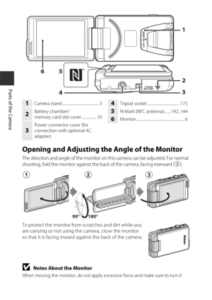 Page 222
Parts of the Camera
Opening and Adjusting the Angle of the Monitor
The direction and angle of the monitor on this camera can be adjusted. For normal 
shooting, fold the monitor against the back of the camera, facing rearward (3).
To protect the monitor from scratches and dirt while you 
are carrying or not using the camera, close the monitor 
so that it is facing inward against the back of the camera.
BNotes About the Monitor
When moving the monitor, do not apply excessive force and make sure to turn...