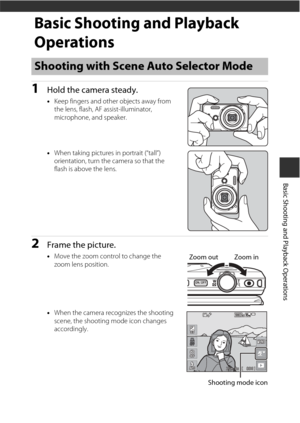 Page 3515
Basic Shooting and Playback Operations
Basic Shooting and Playback 
Operations
1Hold the camera steady.
•Keep fingers and other objects away from 
the lens, flash, AF assist-illuminator, 
microphone, and speaker.
• When taking pictures in portrait (“tall”) 
orientation, turn the camera so that the 
flash is above the lens.
2Frame the picture.
•Move the zoom control to change the 
zoom lens position.
• When the camera recognizes the shooting 
scene, the shooting mode icon changes 
accordingly.
Shooting...