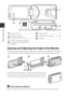 Page 222
Parts of the Camera
Opening and Adjusting the Angle of the Monitor
The direction and angle of the monitor on this camera can be adjusted. For normal 
shooting, fold the monitor against the back of the camera, facing rearward (3).
To protect the monitor from scratches and dirt while you 
are carrying or not using the camera, close the monitor 
so that it is facing inward against the back of the camera.
BNotes About the Monitor
When moving the monitor, do not apply excessive force and make sure to turn...