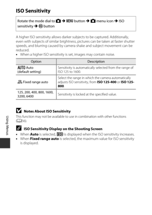 Page 10484
Using Menus
ISO Sensitivity
A higher ISO sensitivity allows darker subjects to be captured. Additionally, 
even with subjects of similar brightness, pictures can be taken at faster shutter 
speeds, and blurring cause d by camera shake and subject movement can be 
reduced.
• When a higher ISO sensitivity is set, images may contain noise.
BNotes About ISO Sensitivity
This function may not be available to  use in combination with other functions 
( A 56).
CISO Sensitivity Display on the Shooting Screen
•...
