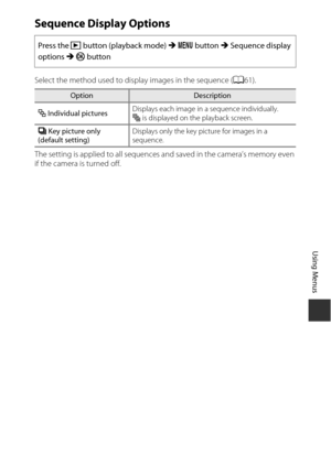 Page 11595
Using Menus
Sequence Display Options
Select the method used to display images in the sequence (A61).
The setting is applied to all sequences and saved in the camera’s memory even 
if the camera is turned off. Press the 
c button (playback mode)  M d  button  M Sequence display 
options  M k button
OptionDescription
Q  Individual pictures Displays each image in a sequence individually. 
F
is displayed on the playback screen.
C  Key picture only 
(default setting) Displays only the key picture for...