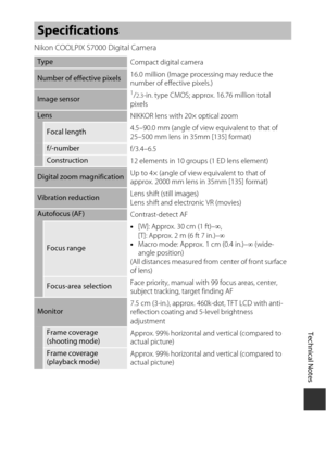 Page 169Technical Notes
149
Nikon COOLPIX S7000 Digital Camera
Specifications
TypeCompact digital camera
Number of effective pixels16.0 million (Image processing may reduce the 
number of effective pixels.)
Image sensor1/2.3-in. type CMOS; approx. 16.76 million total 
pixels
Lens NIKKOR lens with 20× optical zoom
Focal length 4.5–90.0 mm (angle of view 
equivalent to that of 
25–500 mm lens in 35mm [135] format)
f/-number f/3.4–6.5
Construction
12 elements in 10 groups (1 ED lens element)
Digital zoom...