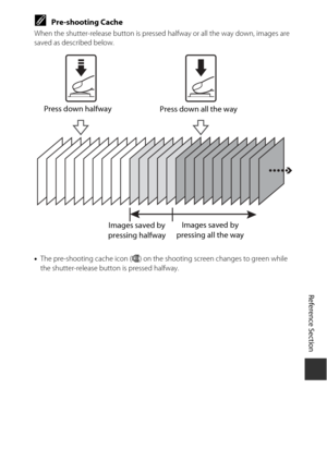 Page 149E67
Reference Section
CPre-shooting Cache
When the shutter-release button is pressed  halfway or all the way down, images are 
saved as described below.
• The pre-shooting cache icon (Q ) on the shooting screen changes to green while 
the shutter-release butto n is pressed halfway.
Images saved by 
pressing halfway Images saved by 
pressing all the way
Press down halfway
Press down all the way 