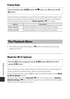 Page 164E82
Reference Section
Frame Rate
Select the frame rate (fields per second for the interlaced format) used in short 
movie show mode or when recording mo vies. When the frame rate setting is 
switched, options that can be set in  Movie options (E 75) change.
• See “Editing Images (Still Images)” ( E26) for information about image 
editing functions.
Mark for Wi-Fi Upload
Select still images in the camera that you want to transfer to a smart device in
advance before transferring them . Movies cannot be...