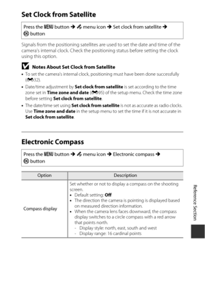 Page 173E91
Reference Section
Set Clock from Satellite
Signals from the positioning satellites are used to set the date and time of the 
camera’s internal clock. Check the positioning status before setting the clock 
using this option.
BNotes About Set Clock from Satellite
•To set the camera’s internal clock, posi tioning must have been done successfully 
( E 32).
• Date/time adjustment by  Set clock from satellite is set according to the time 
zone set in  Time zone and date  (E 95) of the setup menu. Check the...