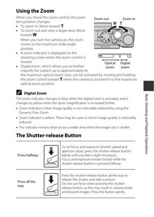 Page 4117
Basic Shooting and Playback Operations
Using the Zoom
When you move the zoom control, the zoom 
lens position changes.
•To zoom in:  Move toward  g
• To zoom out and view a larger area: Move 
toward  f
When you turn the camera on, the zoom 
moves to the maximum wide-angle 
position.
• A zoom indicator is displayed on the 
shooting screen when the zoom control is 
moved.
• Digital zoom, which al lows you to further 
magnify the subject up  to approximately 4× 
the maximum optical zoom ratio, can  be...