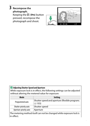 Page 137
117
P, S, A, and M Modes
3
Recompose the 
photograph.
Keeping the  A (L ) button 
pressed, recompose the 
photograph and shoot.
AAdjusting Shutter Speed and Aperture
While exposure lock is in effect, the following settings can be adjusted 
without altering the metered value for exposure:
Mode
Setting
Programmed auto Shutter speed and aperture (flexible program; 
0
103)
Shutter-priority auto Shutter speed
Aperture-priority auto Aperture
The metering method itself can not be changed while exposure lock is...