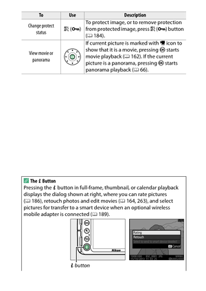 Page 191
171
Playback and Deletion
Change protect 
status A
 (L )To protect image, or to remove protection 
from protected image, press 
A (L ) button 
( 0 184).
View movie or  panorama If current picture is marked with 
1 icon to 
show that it is a movie, pressing  J starts 
movie playback ( 0162). If the current 
picture is a panorama, pressing  J starts 
panorama playback ( 066).AThe  P Button
Pressing the  P button in full-frame, thumbnail, or calendar playback 
displays the dialog shown at right, where you...