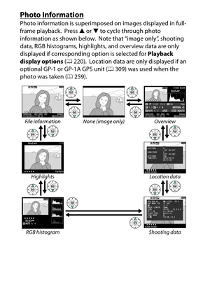 Page 192
172Playback and Deletion
Photo InformationPhoto information is superimposed  on images displayed in full-
frame playback.
 Press  1 or  3 to cycle through photo 
information as shown below.
 Note that “image only”, shooting 
data, RGB histograms, highlights, and overview data are only 
displayed if corresponding option is selected for  Playback 
display options  (0 220).
 Location data are only displayed if an 
optional GP-1 or GP-1A GPS unit ( 0309) was used when the 
photo was taken ( 0259).
File...