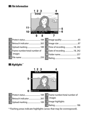Page 193
173
Playback and Deletion
❚❚ File Information
❚❚ Highlights
 *
* Flashing areas indicate highlights  (areas that may be overexposed).1Protect status............................... 1842Retouch indicator ....................... 2653Upload marking .......................... 1894Frame number/total number of 
images5 File name ...................................... 250
6Image quality .................................857Image size ....................................... 878Time of recording ....................