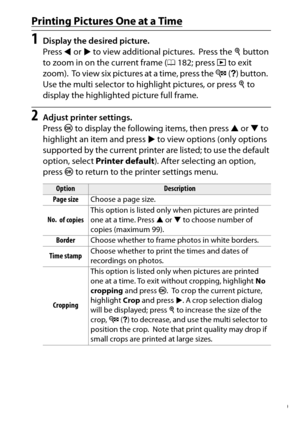 Page 229
209
Connections
Printing Pictures One at a Time1
Display the desired picture.
Press  4 or  2 to view additional pictures.
 Press the  X button 
to zoom in on the current frame ( 0182; press  K to exit 
zoom).
 To view six pictures at a time, press the  W (Q ) button.
 
Use the multi selector to highlight pictures, or press  X to 
display the highlighted picture full frame.
2
Adjust printer settings.
Press  J to display the following items, then press  1 or  3 to 
highlight an item and press  2 to view...