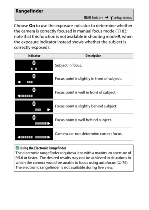 Page 268
248BThe Setup Menu: Camera Setup
Choose 
On to use the exposure indicator to determine whether 
the camera is correctly focused in manual focus mode ( 083; 
note that this function is not available in shooting mode  M, when 
the exposure indicator instead shows whether the subject is 
correctly exposed).
Rangefinder
G  button ➜Bsetup menu
Indicator
Description
Subject in focus.
Focus point is slightly in front of subject.
Focus point is well in front of subject.
Focus point is slightly behind subject....