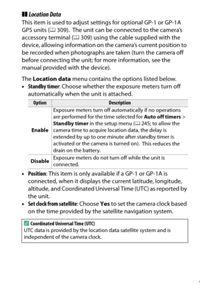 Page 279
259
B The Setup Menu: Camera Setup
❚❚ Location DataThis item is used to adjust sett ings for optional GP-1 or GP-1A 
GPS units ( 0309).
 The unit can be connected to the camera’s 
accessory terminal ( 0309) using the cable supplied with the 
device, allowing information on the camera’s current position to 
be recorded when photographs are taken (turn the camera off 
before connecting the unit; for more information, see the 
manual provided with the device).
The  Location data  menu contains the options...