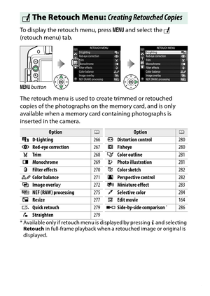 Page 283
263
N The Retouch Menu: Creating Retouched Copies
To display the retouch menu, press 
G and select the  N 
(retouch menu) tab.
The retouch menu is used to create trimmed or retouched 
copies of the photographs on the memory card, and is only 
available when a memory card containing photographs is 
inserted in the camera.
* Available only if retouch me nu is displayed by pressing P and selecting 
Retouch  in full-frame playback when a  retouched image or original is 
displayed.N The Retouch Menu:...