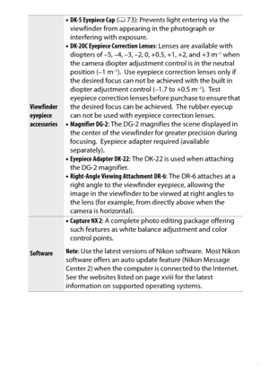 Page 327
307
Technical Notes
Viewfinder 
eyepiece 
accessories •
DK-5 Eyepiece Cap  (0 73): Prevents light entering via the 
viewfinder from appearing in the photograph or 
interfering with exposure.
• DK-20C Eyepiece Correction Lenses : Lenses are available with 
diopters of –5, –4, –3, –2, 0, +0.5, +1, +2, and +3 m
–1 when 
the camera diopter adjustment control is in the neutral 
position (–1 m
–1). Use eyepiece correction lenses only if 
the desired focus can not be achieved with the built in 
diopter...