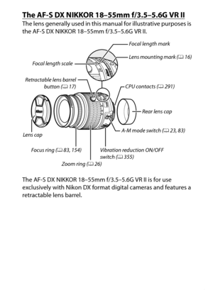 Page 373
353
Technical Notes
The AF-S DX NIKKOR 18–55mm f/3.5–5.6G VR IIThe lens generally used in this ma nual for illustrative purposes is 
the AF-S DX NIKKOR 18–55mm f/3.5–5.6G VR II.
The AF-S DX NIKKOR 18–55mm f/3.5–5.6G VR II is for use 
exclusively with Nikon DX format digital cameras and features a 
retractable lens barrel.
Focal length scale Focal length mark
A-M mode switch ( 023, 83)
Vibration reduction ON/OFF 
switch ( 0355)Lens mounting mark (
016)
Rear lens cap
Lens cap Focus ring ( 083, 154) CPU...