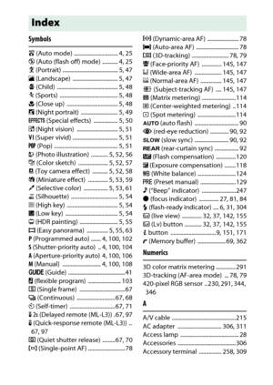 Page 385
365
Technical Notes
Symbolsi  (Auto mode) ............................... 4
, 25
j  (Auto (flash off) mode)  ........... 4, 25
k  (Portrait) ....................................... 5, 47
l  (Landscape)  ................................ 5, 47
p  (Child)  ........................................... 5, 48
m  (Sports)  ......................................... 5, 48
n  (Close up)  .................................... 5, 48
o  (Night portrait)  .......................... 5, 49
q  (Special effects)...