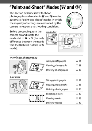 Page 45
25
“Point-and-Shoot” Modes ( iand  j)
“Point-and-Shoot” Modes ( iand  j)This section describes how to shoot 
photographs and movies in  i and  j modes, 
automatic “point-and-shoot” modes in which 
the majority of settings are controlled by the 
camera in response to shooting conditions.
Before proceeding, turn the 
camera on and rotate the 
mode dial to  i or  j (the only 
difference between the two is 
that the flash will not fire in  j 
mode).
Viewfinder photography
Taking photographs
Viewing...