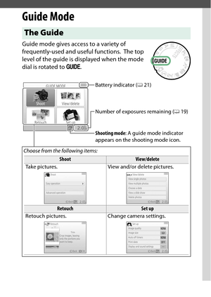 Page 61
41
Guide Mode
Guide ModeGuide mode gives access to a variety of 
frequently-used and useful functions.
 The top 
level of the guide is displayed when the mode 
dial is rotated to  g.
The GuideChoose from the following items:
Shoot
View/delete
Take pictures. View and/or delete pictures.
Retouch
Set up
Retouch pictures. Change camera settings.
Battery indicator ( 021)
Shooting mode : A guide mode indicator 
appears on the shooting mode icon. Number of exposures remaining ( 019) 