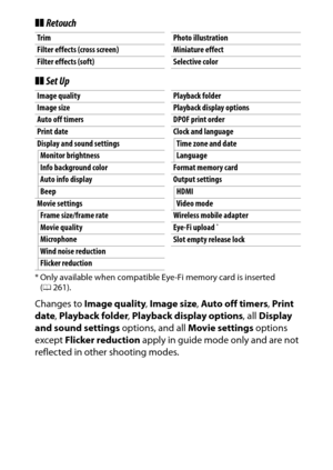 Page 64
44Guide Mode
❚❚Retouch
❚❚ Set Up* Only available when compatible Eye-Fi memory card is inserted 
(0 261).Changes to  Image quality , Image size , Auto off timers , Print 
date , Playback folder , Playback display options , all Display 
and sound settings  options, and all Movie settings options 
except  Flicker reduction  apply in guide mode only and are not 
reflected in other shooting modes.Trim
Filter effects (cross screen)
Filter effects (soft)
Photo illustration
Miniature effect
Selective color...