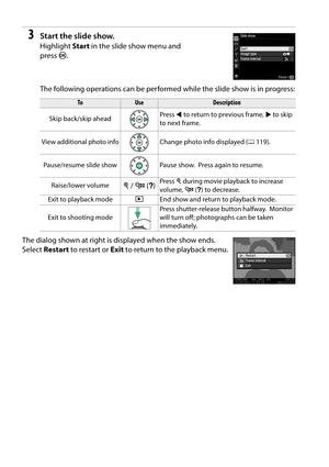 Page 148
131
3Start the slide show.
Highlight Start in the slide show menu and 
press  J.
The following operations can be performe d while the slide show is in progress:
The dialog shown at right is  displayed when the show ends.
 
Select Restart  to restart or  Exit to return to the playback menu.
ToUseDescription
Skip back/skip ahead Press 
4 to return to previous frame,  2 to skip 
to next frame.
View additional photo info Change photo info displayed ( 0119).
Pause/resume slide show Pause show.
 Press again...