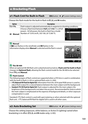 Page 181
164
Choose the flash mode for the built-in flash in P,  S,  A , and  M modes.
Choose the setting (exposure, white balance, or Active D-Lighting) varied when 
bracketing is in effect ( P,  S,  A , and  M modes only;  083).
e: Bracketing/Flash
e1: Flash Cntrl for Built-in FlashG  button ➜ACustom Settings menu
OptionDescription
1 TTL Flash output is adjusted automaticall y in response to shooting conditions.
2 Manual Choose a flash level between 
Full and  1/32 (
1/32 of full 
power).
 At full power, the...