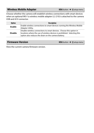 Page 194
177
Choose whether the camera will establish wireless connections with smart devices 
when an optional WU-1a wireless mobile adapter (0210) is attached to the camera 
USB and A/V connector.
View the current camera firmware version.
Wireless Mobile AdapterG  button ➜Bsetup menu
OptionDescription
Enable Enable wireless connections to smart devices running the Wireless Mobile 
Adapter Utility.
Disable Disable wireless connections to smart devices.
 Choose this option in 
locations where the use of wireless...