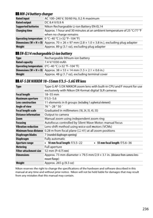 Page 253
236
❚❚MH-24 battery charger
❚❚ EN-EL14 rechargeable Li-ion battery
❚❚ AF-S DX NIKKOR 18–55m m f/3.5–5.6G VR lens
Nikon reserves the right to change the specifications  of the hardware and software described in this 
manual at any time and without prior notice. Nikon will not be held liable for damages that may result 
from any mistakes that this manual may contain.
Rated input AC 100–240 V, 50/60 Hz, 0.2 A maximum
Rated outputDC 8.4 V/0.9 A
Supported batteriesNikon Rechargeable Li-ion Battery EN-EL14...