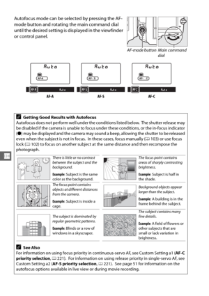 Page 12498
N
Autofocus mode can be selected by pressing the AF-
mode button and rotating the main command dial 
until the desired setting is displayed in the viewfinder 
or control panel.
AF-A AF-S AF-C
AGetting Good Results with Autofocus
Autofocus does not perform well under the conditions listed below.
 The shutter release may 
be disabled if the camera is unable to focus  under these conditions, or the in-focus indicator 
( I ) may be displayed and the camera may sound a beep, allowing the shutter to be...
