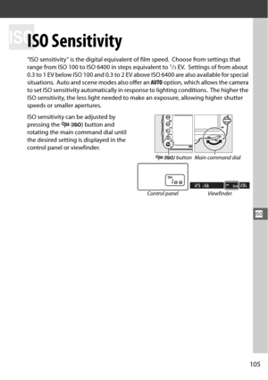 Page 131105
S
S
ISO Sensitivity
“ISO sensitivity” is the digital equivalent of film speed. Choose from settings that 
range from ISO 100 to ISO 6400 in steps equivalent to 1/3 EV. Settings of from about 
0.3 to 1 EV below ISO 100 and 0.3 to 2 EV above ISO 6400 are also available for special 
situations.
 Auto and scene modes also offer an  AUTO option, which allows the camera 
to set ISO sensitivity automatically in response to lighting conditions.
 The higher the 
ISO sensitivity, the less light needed to make...