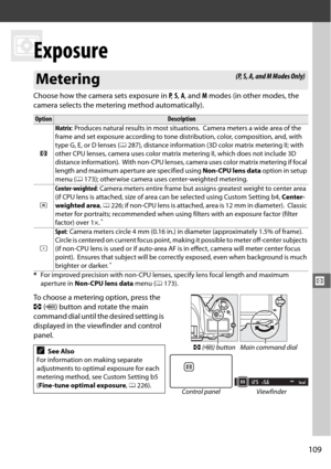 Page 135109
Z
Z
Exposure
Choose how the camera sets exposure in P,  S,  A , and  M modes (in other modes, the 
camera selects the metering method automatically).
To choose a metering option, press the 
Z  (Q ) button and rotate the main 
command dial until the desired setting is 
displayed in the viewfinder and control 
panel.
Metering
OptionDescription
a Matrix
: Produces natural results in most situations.
 Camera meters a wide area of the 
frame and set exposure according to tone dist ribution, color,...