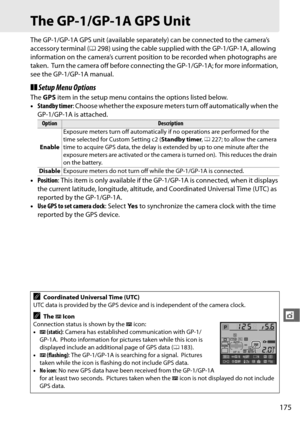 Page 201175
t
The GP-1/GP-1A GPS Unit
The GP-1/GP-1A GPS unit (available separately) can be connected to the camera’s 
accessory terminal ( 0298) using the cable supplied with the GP-1/GP-1A, allowing 
information on the camera’s current position to be recorded when photographs are 
taken.
 Turn the camera off before connecting the GP-1/GP-1A; for more information, 
see the GP-1/GP-1A manual.
❚❚ Setup Menu Options
The  GPS  item in the setup menu contains the options listed below.
• Standby timer : Choose...