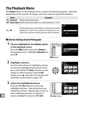 Page 216190
I
The Playback Menu
The Delete  option in the playback menu contains the following options. Note that 
depending on the number of images, some  time may be required for deletion.
❚❚Selected: Deleting Selected Photographs
1Choose  Selected  for the Delete option 
in the playback menu.
Press the  G button and select  Delete in 
the playback menu.
 Highlight  Selected and 
press 2.
2Highlight a picture.
Use the multi selector to highlight a picture 
(to view the highlighted picture full screen, 
press...