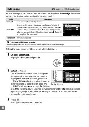 Page 234208
U
H ide or reveal pic tures. Hidden pictures are visible only in the Hide image menu and 
can only be deleted by fo rmatting the memory card.
Follow the steps below to hide or reveal selected pictures.
1Choose  Select/set .
Highlight Select/set  and press 2.
2Select pictures.
Use the multi selector to scroll through the 
pictures on the memory card (to view the 
highlighted picture full screen, press and 
hold the  X (T ) button; to view images in 
other locations as described on page 178, 
hold  D...