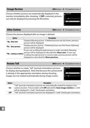 Page 238212
U
Choose whether pictures are automatically displayed in the 
monitor immediately after shooting.
 If Off  is selected, pictures 
can only be displayed by pressing the  K button.
Choose the picture displayed after an image is deleted.
Choose whether to rotate “tall” (portrait-orientation) pictures 
for display during playback.
 Note that because  the camera itself 
is already in the appropriate orientation during shooting, 
images are not rotated automatically during image review.
Image ReviewG...