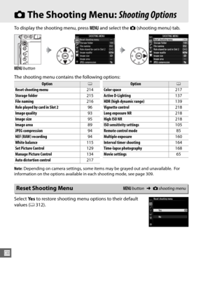 Page 240214
U
CThe Shooting Menu:  Shooting Options
To display the shooting menu, press  G and select the  C (shooting menu) tab.
The shooting menu contains the following options:
Note : Depending on camera settings, some items may be grayed out and unavailable. For 
information on the options available  in each shooting mode, see page 309.
Select Ye s to restore shooting menu options to their default 
values ( 0312).
G  button
Option0
Reset shooting menu 214
Storage folder 215
File naming 216
Role played by...